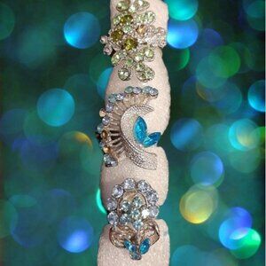 3Pc Set Of Rhinestone Cocktail Rings Aqua Statement Oversized Silver Adjustable